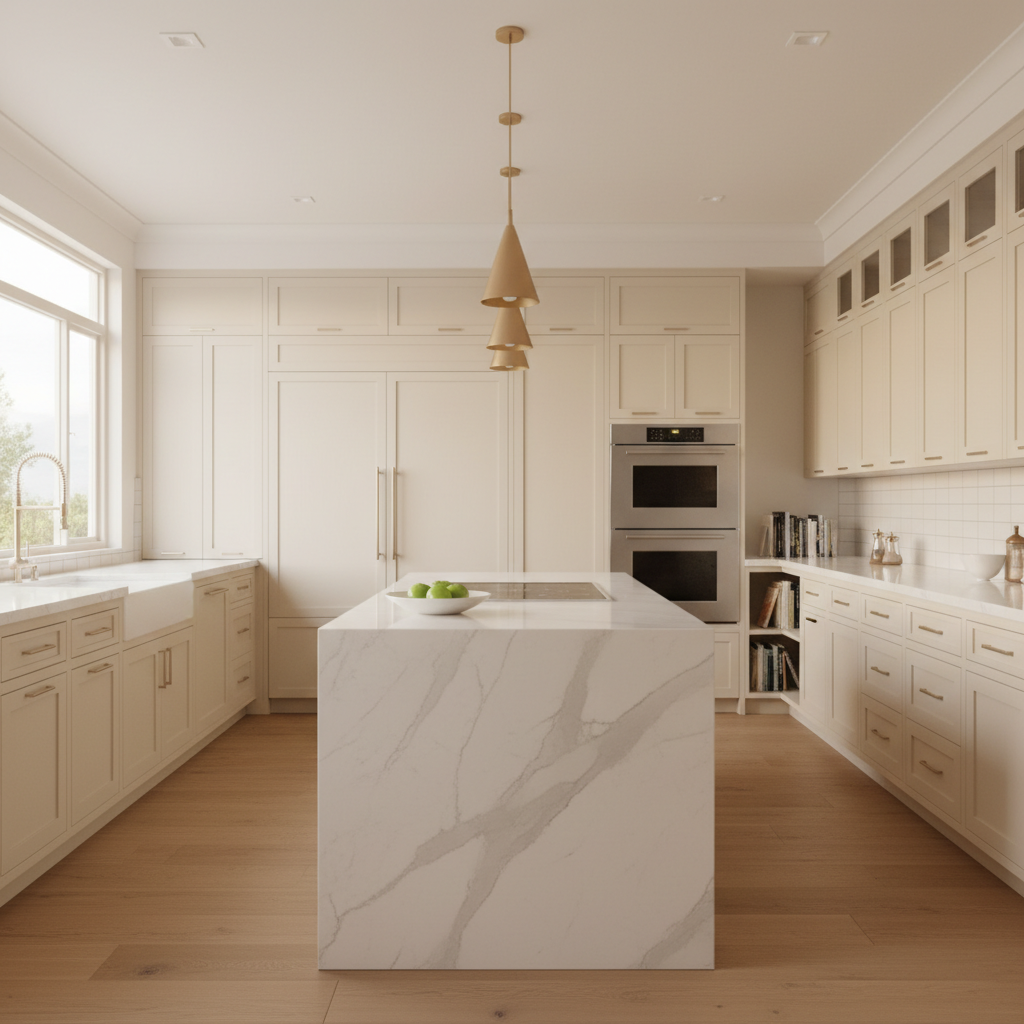Bright upscale kitchen interior with integrated refrigerator and wall oven