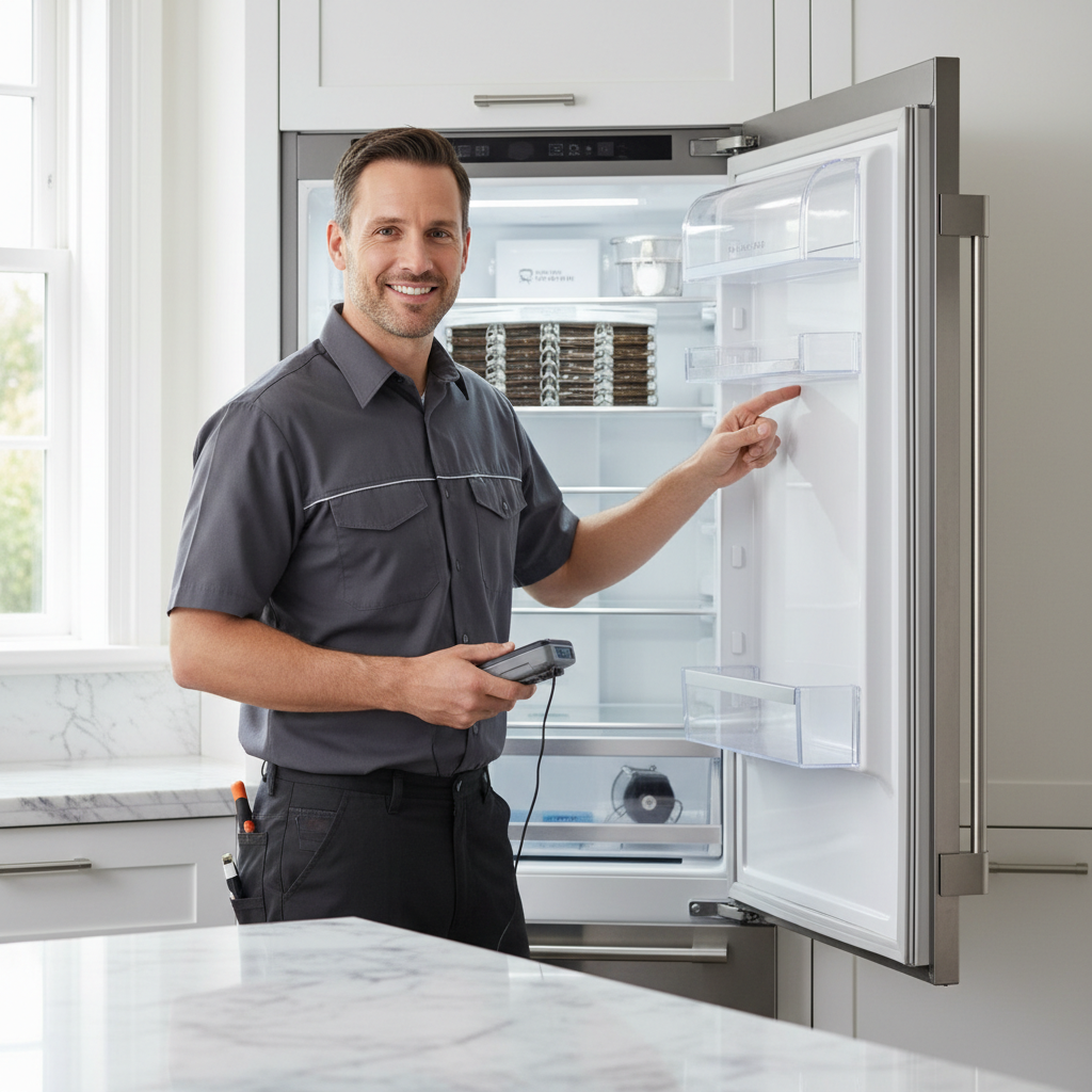 Professional appliance repair technician inspecting a built-in refrigerator